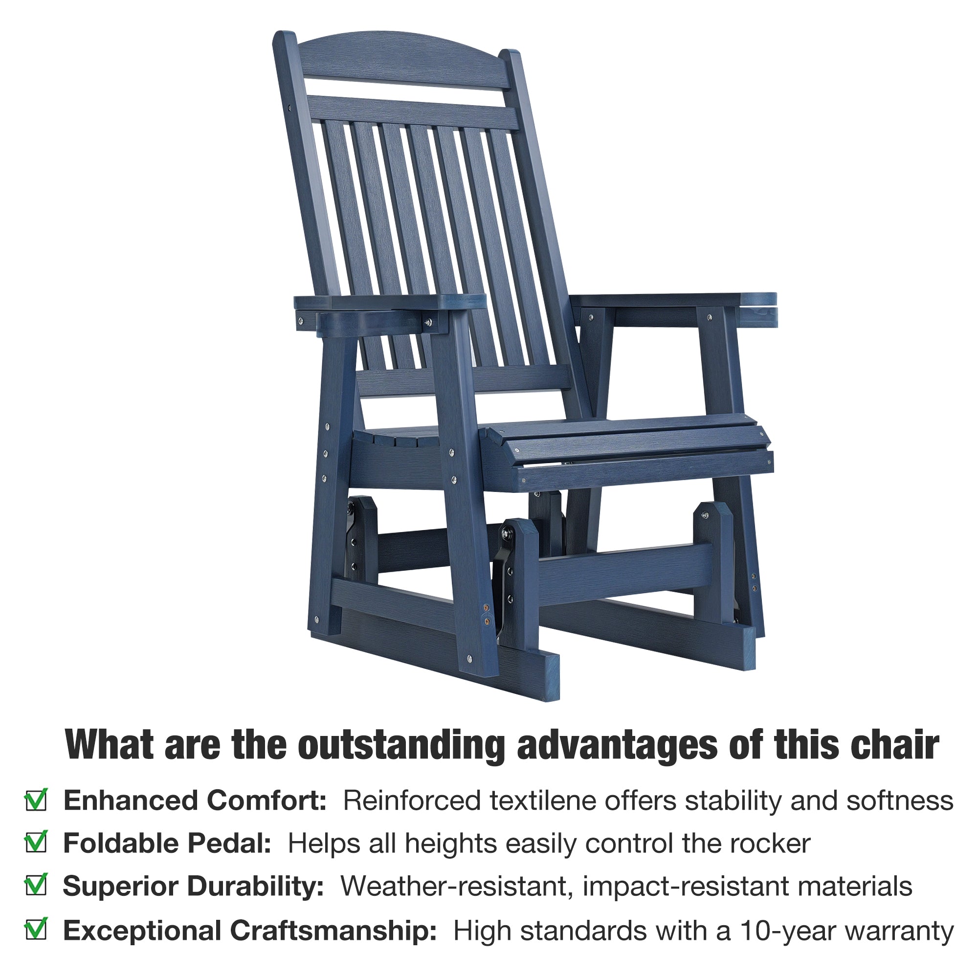 Poly Lumber Patio Glider for One Person, with Cup Holders, High Backrest and Deep Contoured Seat, HIPS Material, All-Weather Resistant, Heavy Duty 700 LBS (Navy Blue)