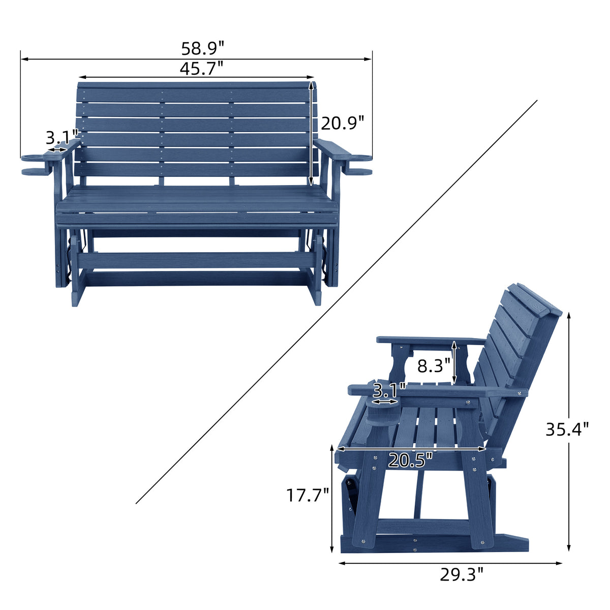 HDPE Patio Glider, Poly Lumber Weather-Resistant Outdoor Glider Bench, for Patio, Porch, Yard,  (Navy Blue, 2-Seater)