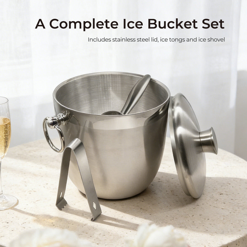 Fortune Candy Insulated Ice Bucket - Double Walled Stainless Steel Ice Bucket with Ice Tongs, Scoop, Lid, and Exclusive Handmade Nylon Holder - 2.8 L, Silver/Navy Blue