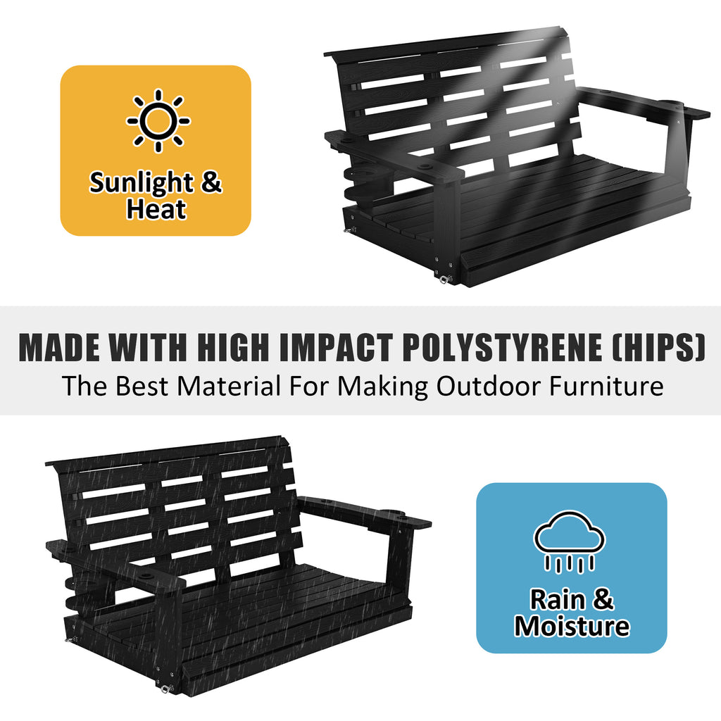 Poly Lumber 2-Seat Porch Swing, HIPS 4-Feet Bench Swing with Foldable Cup Holders,18/8 Stainless Steel Hardware, High Backrest and Deep Contoured Seat (Carbon Black, 4-feet)