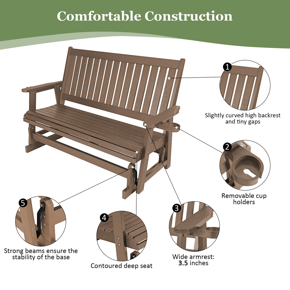 HIPS Patio Glider with Cup Holders, All-Weather Resistant, High Backrest and Deep Contoured Seat, Heavy Duty 900 LB (3 Seat - Brown)