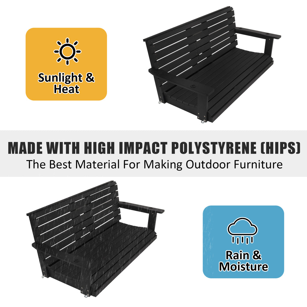 Poly Lumber 3-Seat Porch Swing, HIPS 5-Feet Bench Swing with Foldable Cup Holders,18/8 Stainless Steel Hardware, High Backrest and Deep Contoured Seat, Carbon Black
