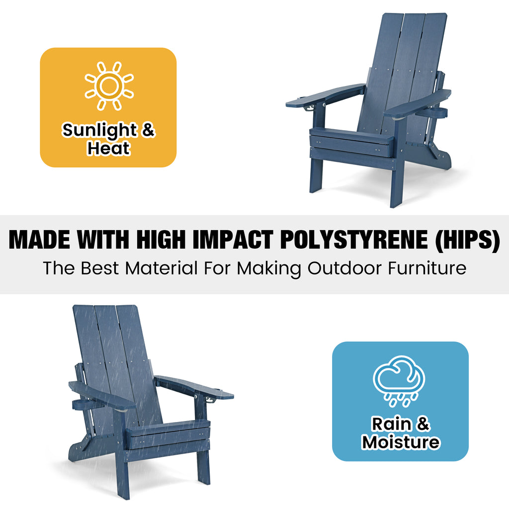 Poly Lumber Adirondack Chair with Cup Holders, Ottoman and Cushion, Adjustable Backrest, All-Weather Resistant HIPS Material, Wood-Like Pattern, Heavy Duty 700 LBS (Navy Blue)