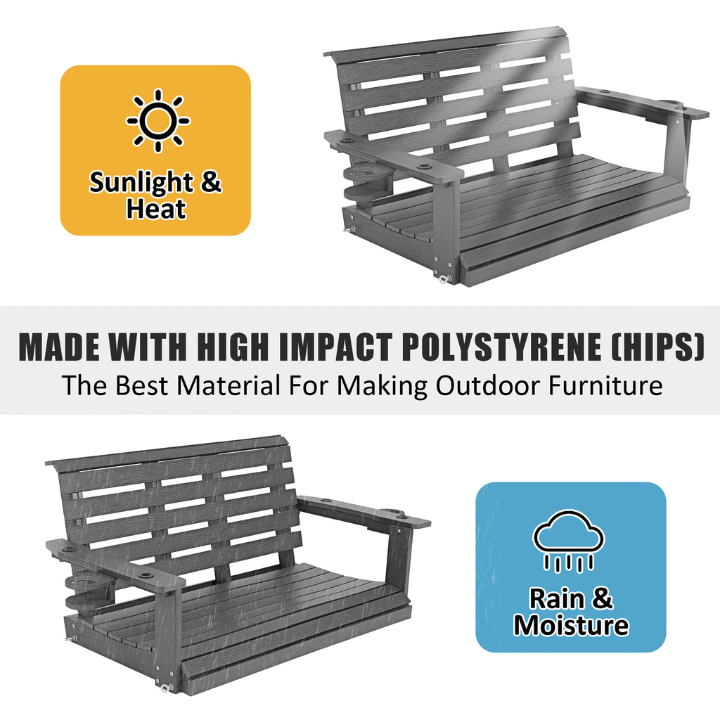 Poly Lumber 2-Seat Porch Swing, HIPS 4-Feet Bench Swing with Foldable Cup Holders,18/8 Stainless Steel Hardware, High Backrest and Deep Contoured Seat (Gray, 4-feet)