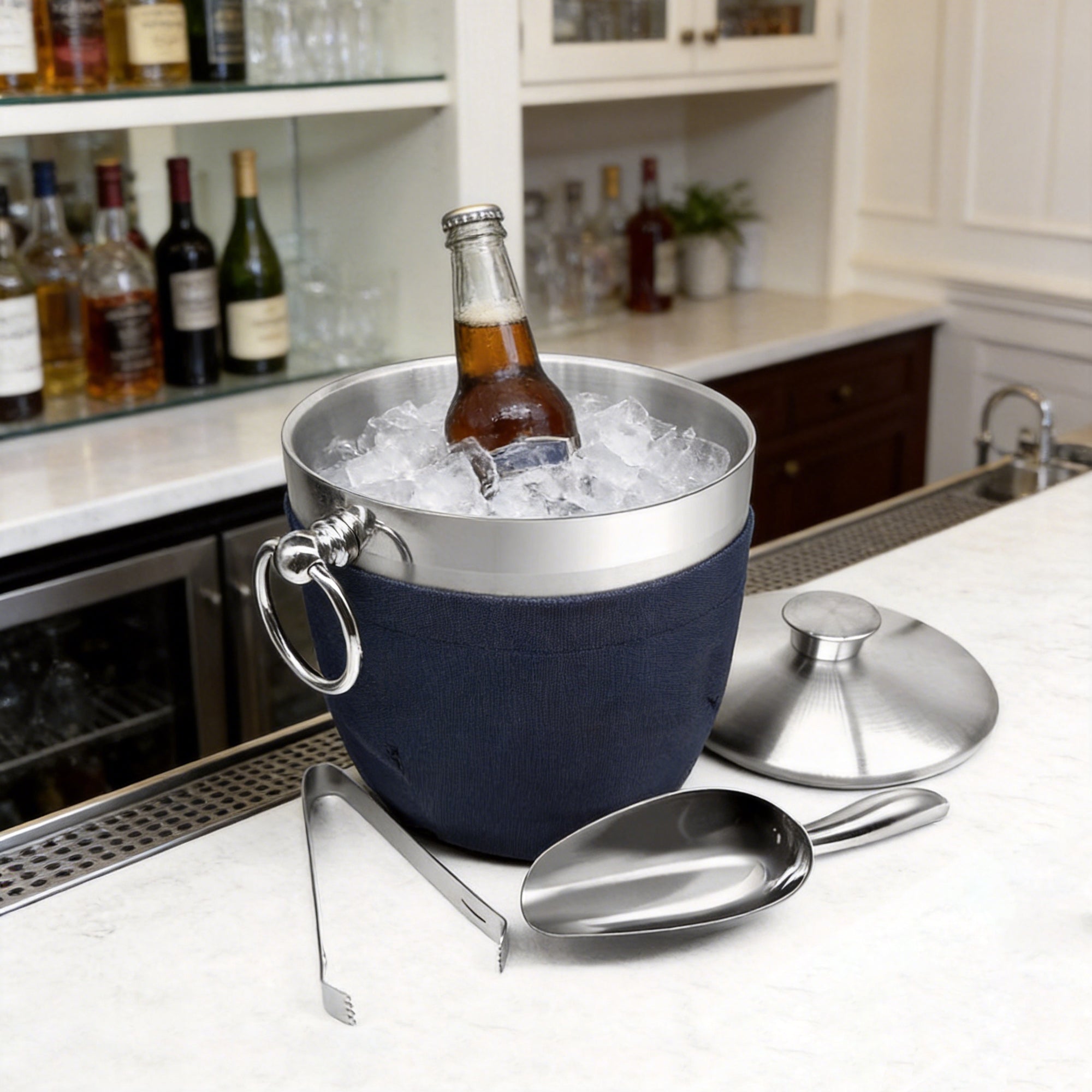 Fortune Candy Insulated Ice Bucket - Double Walled Stainless Steel Ice Bucket with Ice Tongs, Scoop, Lid, and Exclusive Handmade Nylon Holder - 2.8 L, Silver/Navy Blue