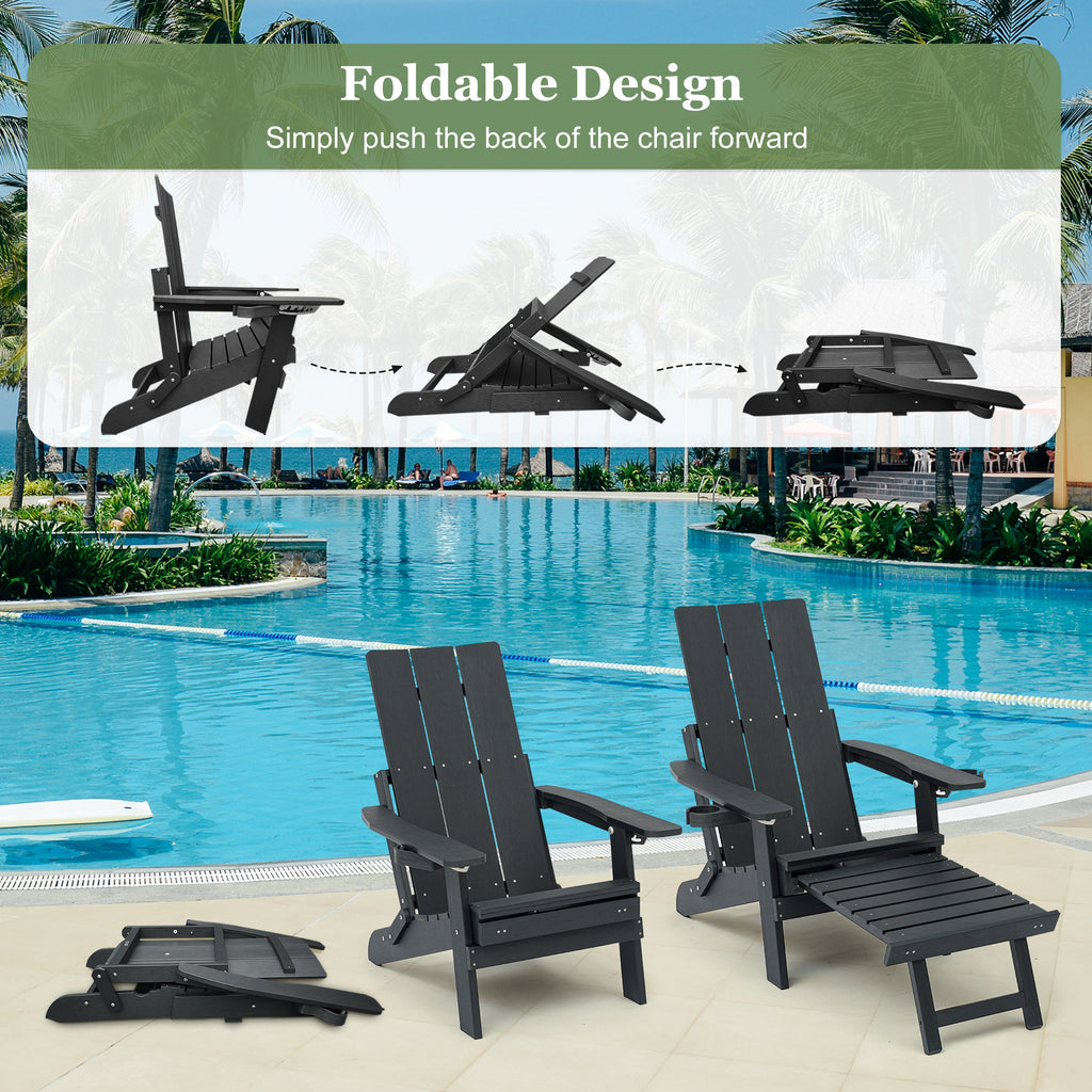 Poly Lumber Adirondack Chair with Cup Holders, Ottoman and Cushion, Adjustable Backrest, All-Weather Resistant HIPS Material, Wood-Like Pattern, Heavy Duty 700 LBS (Iron Black)