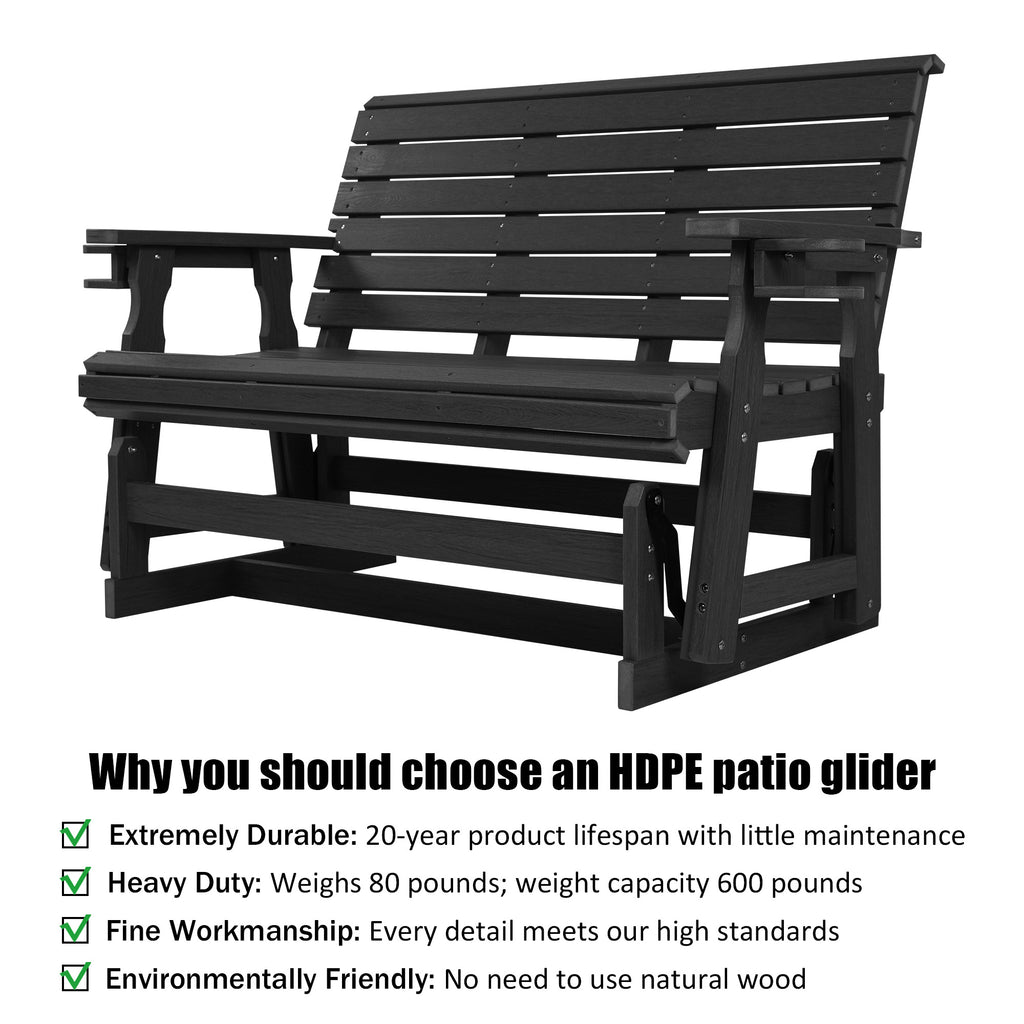 HDPE Patio Glider, Poly Lumber Weather-Resistant Outdoor Glider Bench, for Patio, Porch, Yard,  (Black, 2-Seater)