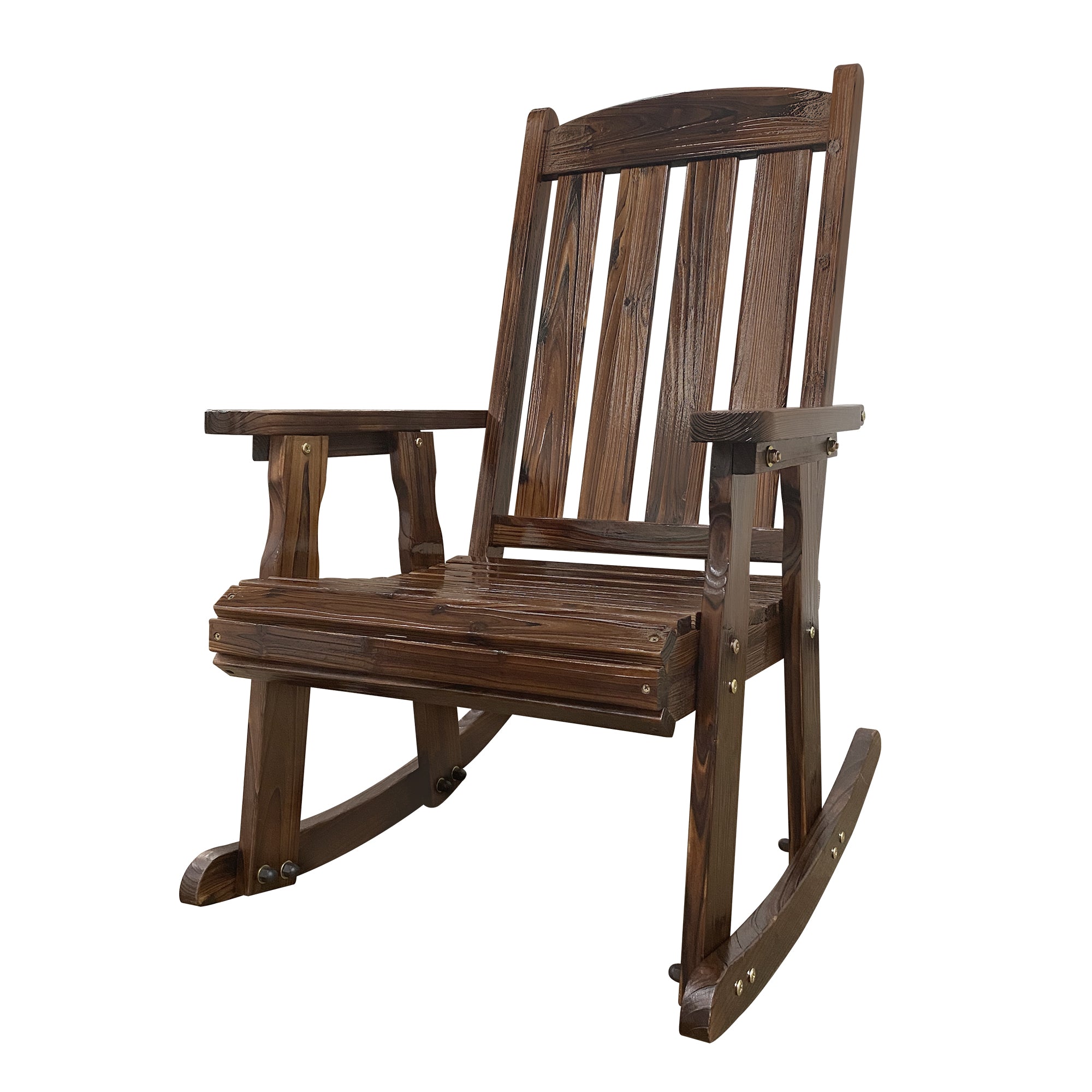 Wooden Patio Rocking Chair with Comfortable Backrest Inclination, High Backrest and Deep Contoured Seat, Solid Fir Wood, Heavy Duty 600 LBS, for Both Outdoor and Indoor (Deep Brown - 2 Pieces)