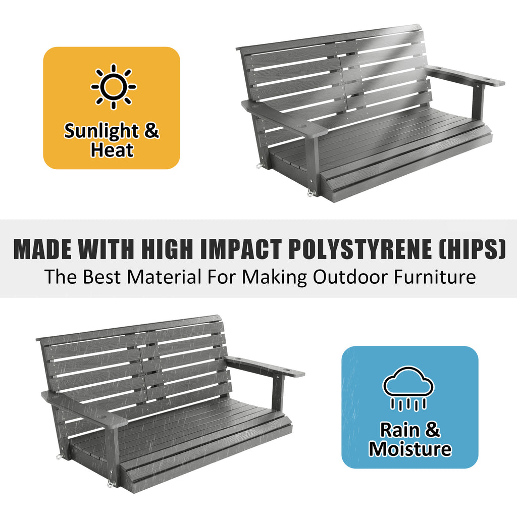 Poly Lumber 2-Seat Porch Swing, HIPS 4.5-Feet Bench Swing with Foldable Cup Holders,18/8 Stainless Steel Hardware, High Backrest and Deep Contoured Seat (Gray, 4.5-feet)