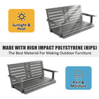 Poly Lumber 2-Seat Porch Swing, HIPS 4.5-Feet Bench Swing with Foldable Cup Holders,18/8 Stainless Steel Hardware, High Backrest and Deep Contoured Seat (Gray, 4.5-feet)