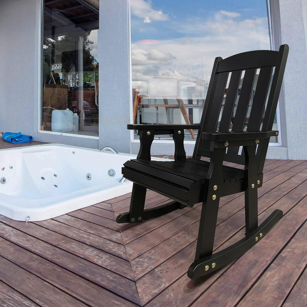 Fortune Candy Wooden Patio Rocking Chair with Comfortable Backrest Inclination, High Backrest and Deep Contoured Seat, Solid Fir Wood, Heavy Duty 600 LBS (Black, 2 Pieces)