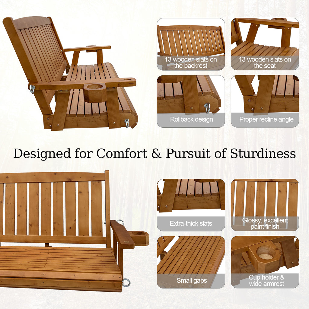 Wooden Porch Swing 3-Seater, Bench Swing with Cupholders, Heavy Duty 800 LBS, for Outdoor Patio Garden (Warm Teak Color, 5 FT Extra Large)