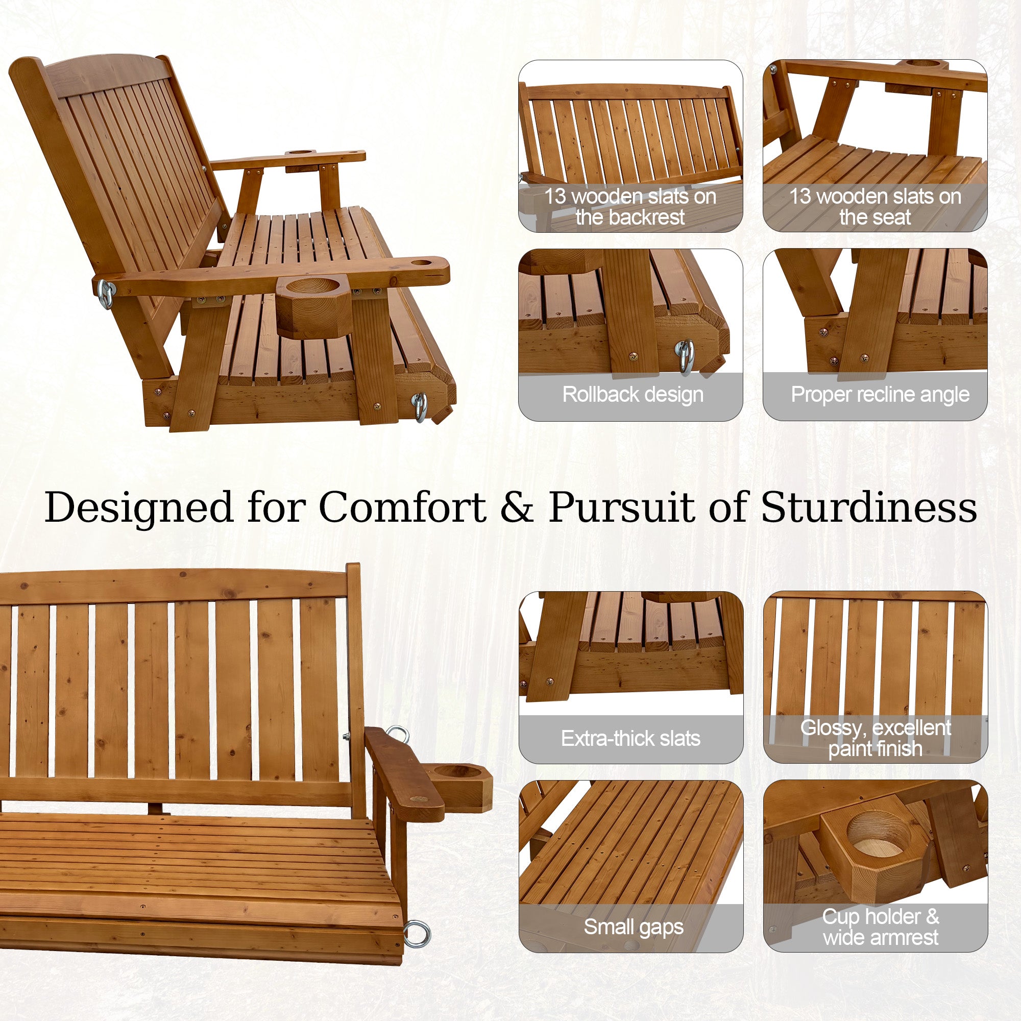 Wooden Porch Swing 3-Seater, Bench Swing with Cupholders, Heavy Duty 800 LBS, for Outdoor Patio Garden (Warm Teak Color, 5 FT Extra Large)