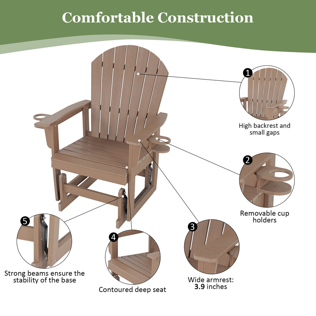 HDPE Patio Glider with Cup Holders, Curved High Backrest and Deep Seat, All-Weather Resistant, Heavy Duty 500 Pounds (Brown, 1-Seat)