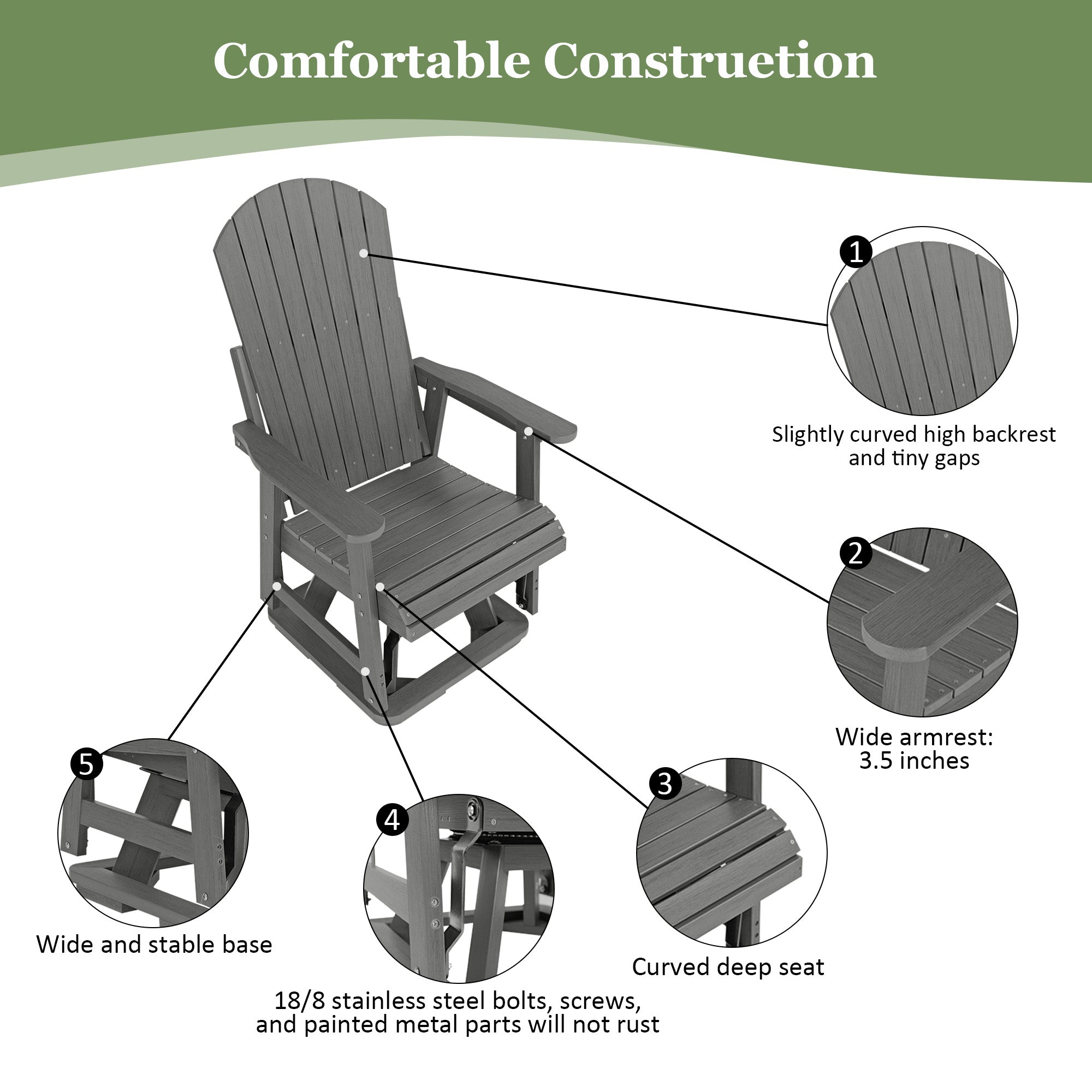 HIPS Swivel Patio Glider, Poly Lumber Weather Resistant Outdoor Chair, for Patio, Porch, Yard (Gray)