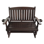 Fortune Candy Wooden Patio Glider, with Cup Holders, High Back and Deep Contoured Seat, Solid Fir Wood, Heavy Duty 800 LBS (Deep Brown, 2-Seater)