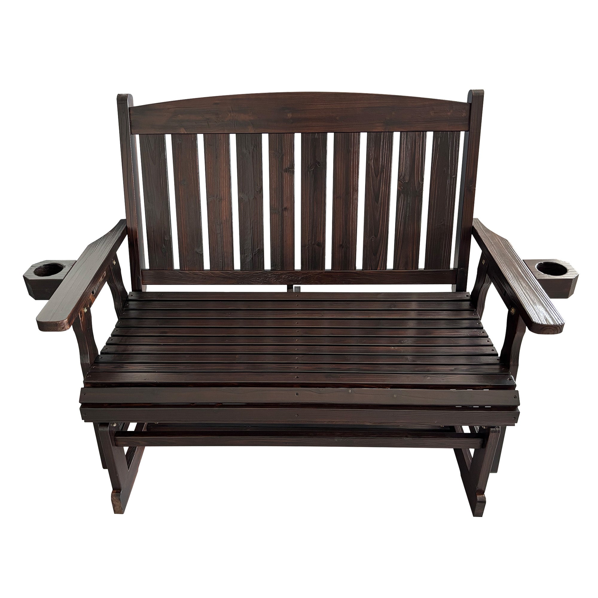 Fortune Candy Wooden Patio Glider, with Cup Holders, High Back and Deep Contoured Seat, Solid Fir Wood, Heavy Duty 800 LBS (Deep Brown, 2-Seater)