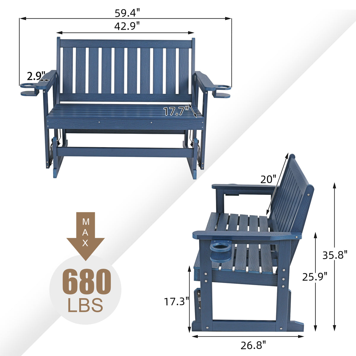 Poly Lumber Patio Glider, HIPS Material Weather-Resistant Swing Bench for Outdoor Porch Garden (Navy Blue, 2-Seater)