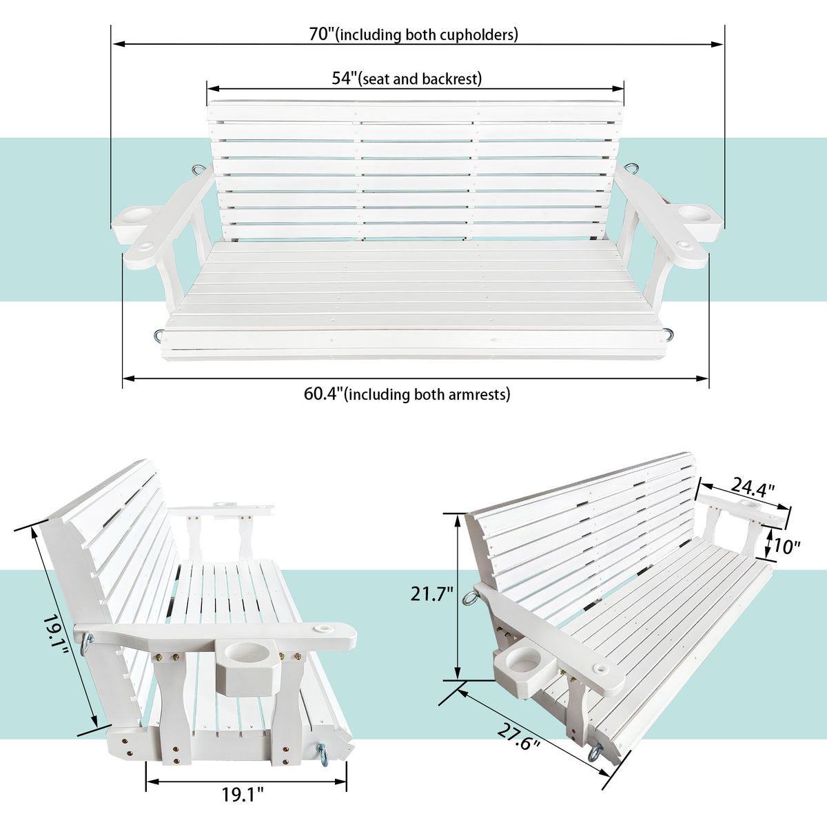Wooden Porch Swing 3-Seater, High Backrest and Deep Seat, Bench Swing with Cupholders, Hanging Chains and 7mm Springs, Heavy Duty 880 LBS, for Outdoor Patio Garden (Pure White, 5 FT Extra Large)