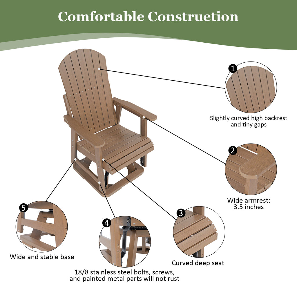 HIPS Swivel Patio Glider, Poly Lumber Weather Resistant Outdoor Chair, for Patio, Porch, Yard (Brown)