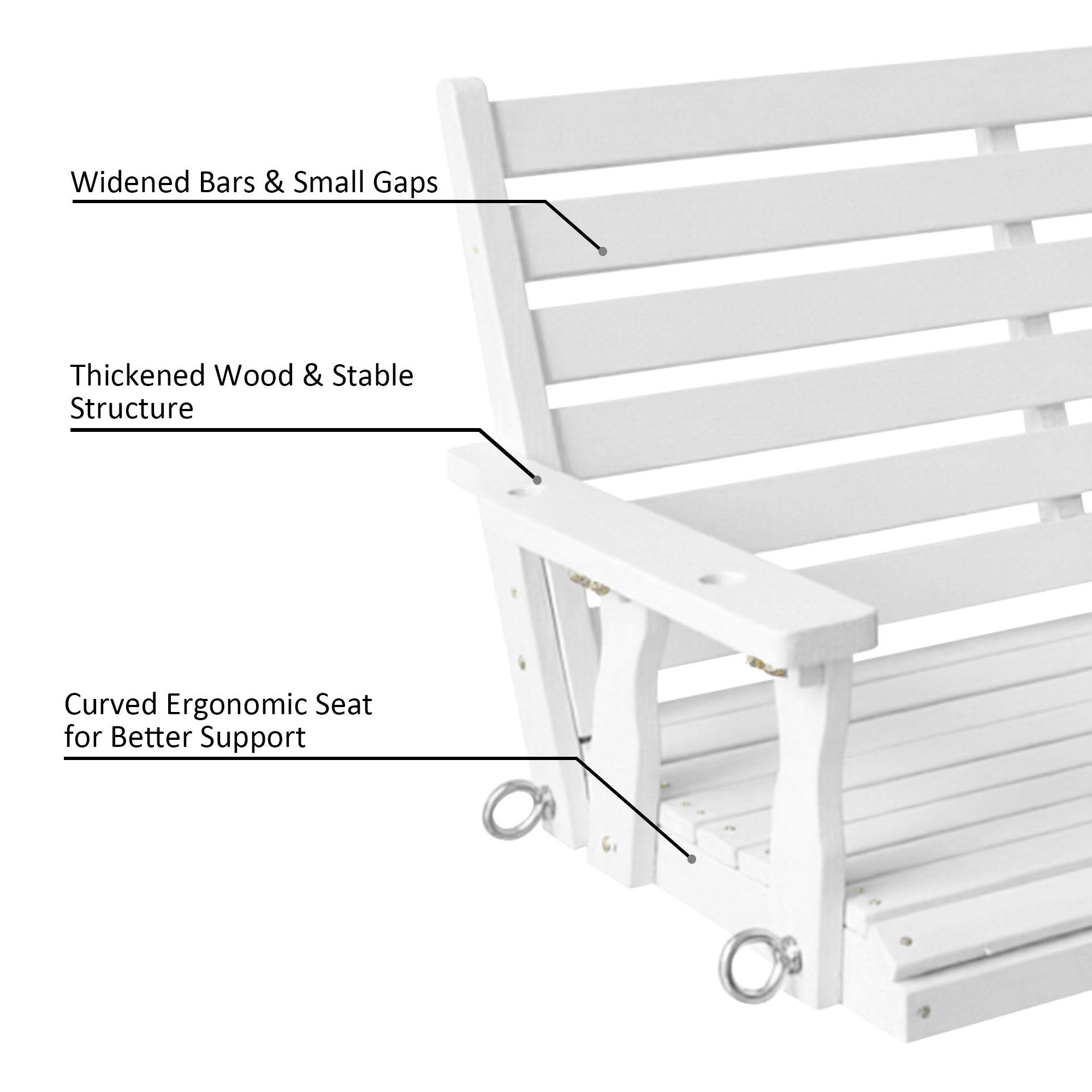 Wooden Porch Swing, Ergonomic Seat, Bench Swing with Hanging Chains and 7mm Springs, Heavy Duty 800 LBS, for Outdoor Patio Garden Yard (White, 3-Seater Extra Large)