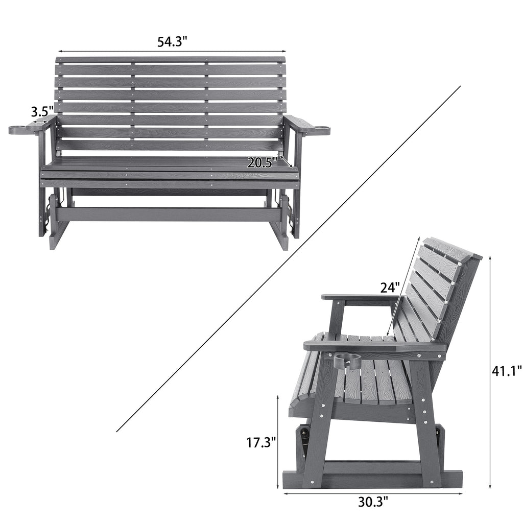 HIPS Patio Glider with Cup Holders, Durable Poly Lumber Material, All-Weather Resistant, High Backrest and Deep Contoured Seat, Ladder Back, Heavy Duty 900 LB, for Outdoor, Patio (Gray, 3-Seat)