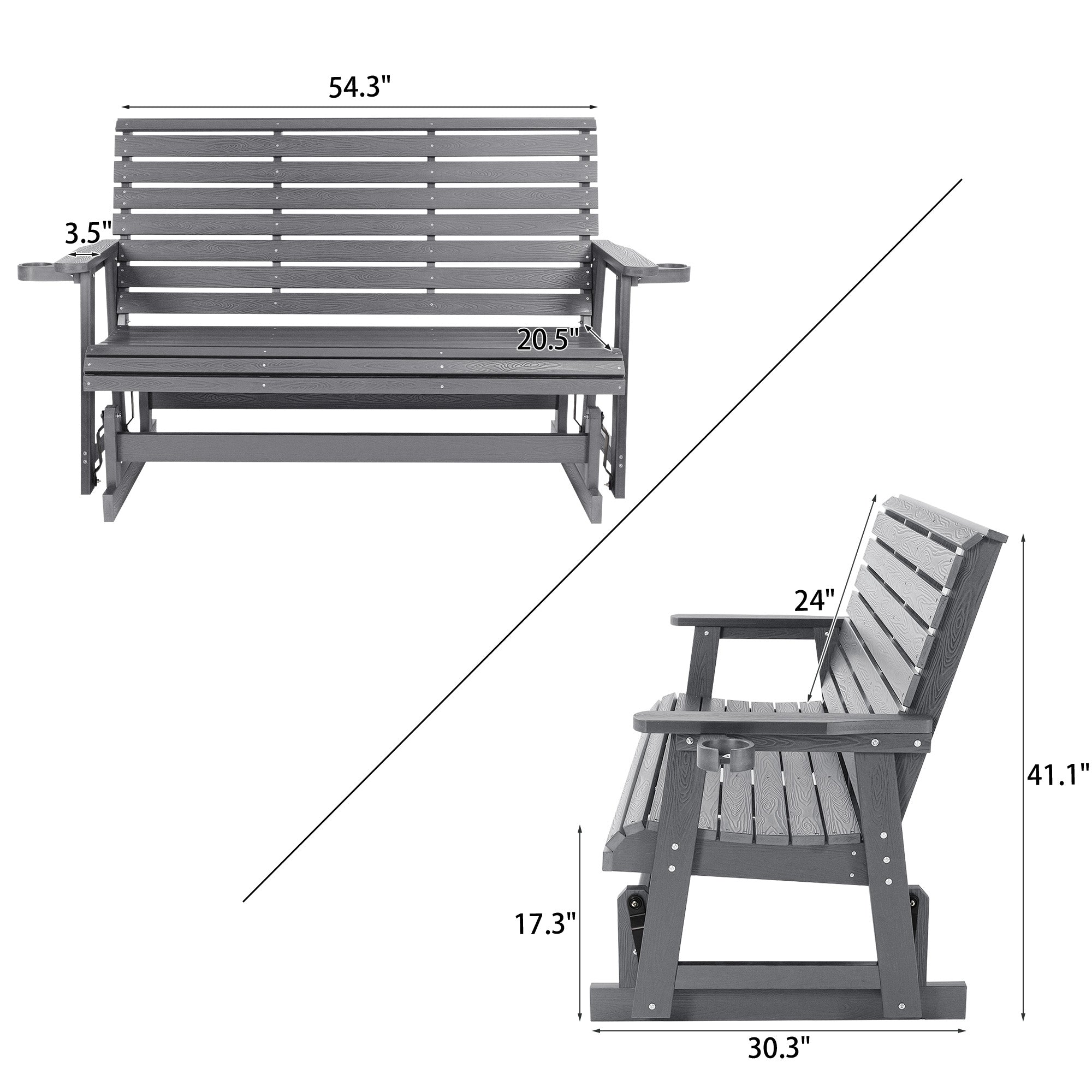 HIPS Patio Glider with Cup Holders, Durable Poly Lumber Material, All-Weather Resistant, High Backrest and Deep Contoured Seat, Ladder Back, Heavy Duty 900 LB, for Outdoor, Patio (Gray, 3-Seat)