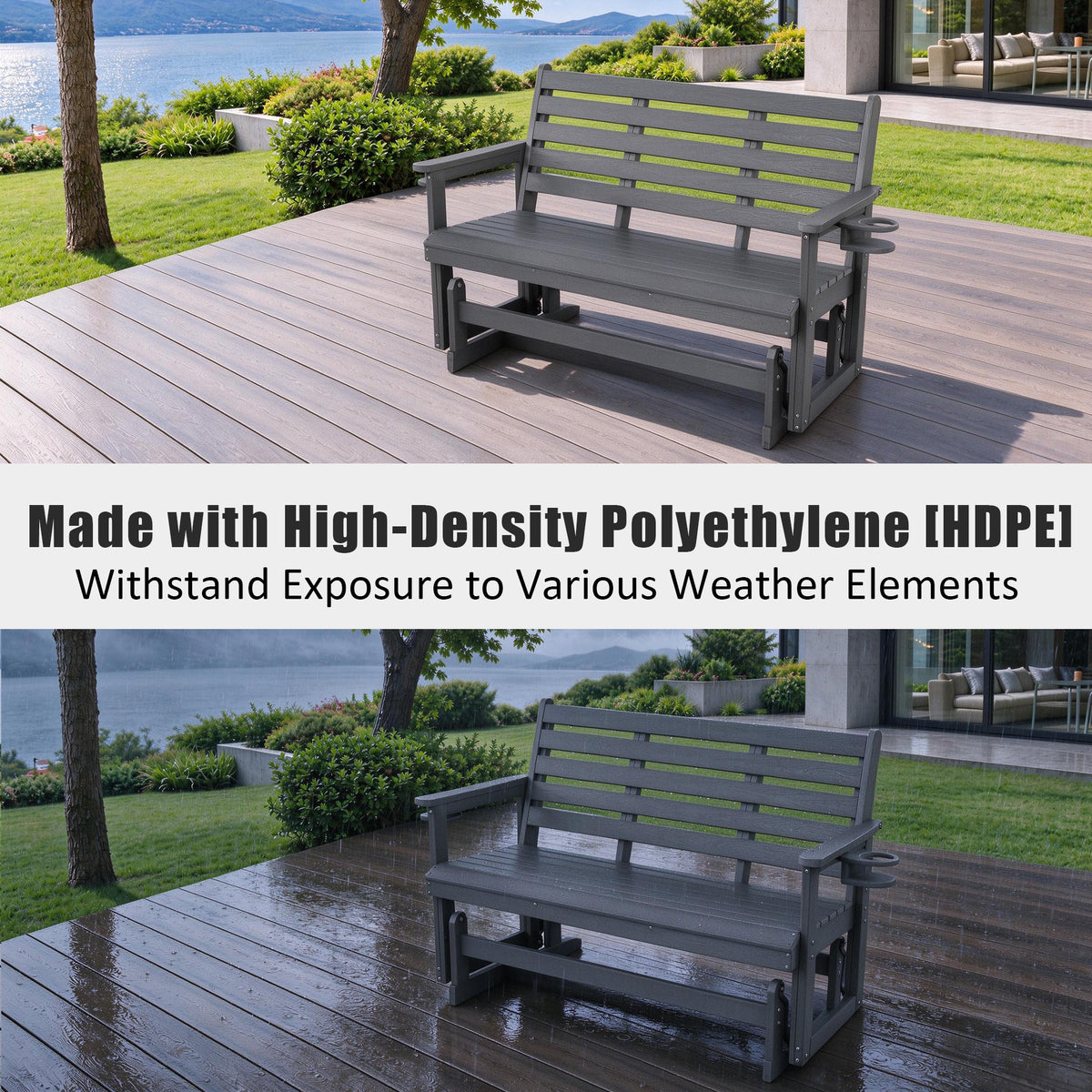 HDPE Patio Glider, Poly Lumber Weather-Resistant Outdoor Glider Bench, for Patio, Porch, Yard (Gray, 3-Seater)