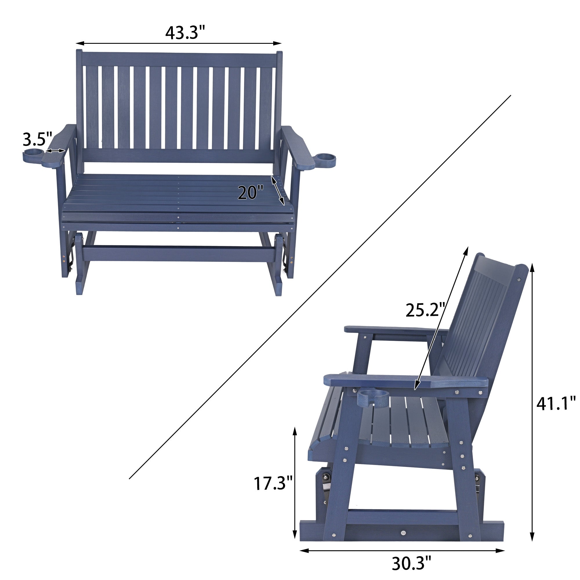HIPS Patio Glider with Cup Holders, Durable Poly Lumber Material, All-Weather Resistant, High Backrest and Deep Contoured Seat, Heavy Duty 900 LB, for Outdoor, Porch, Patio (Navy Blue, 2-Seat)