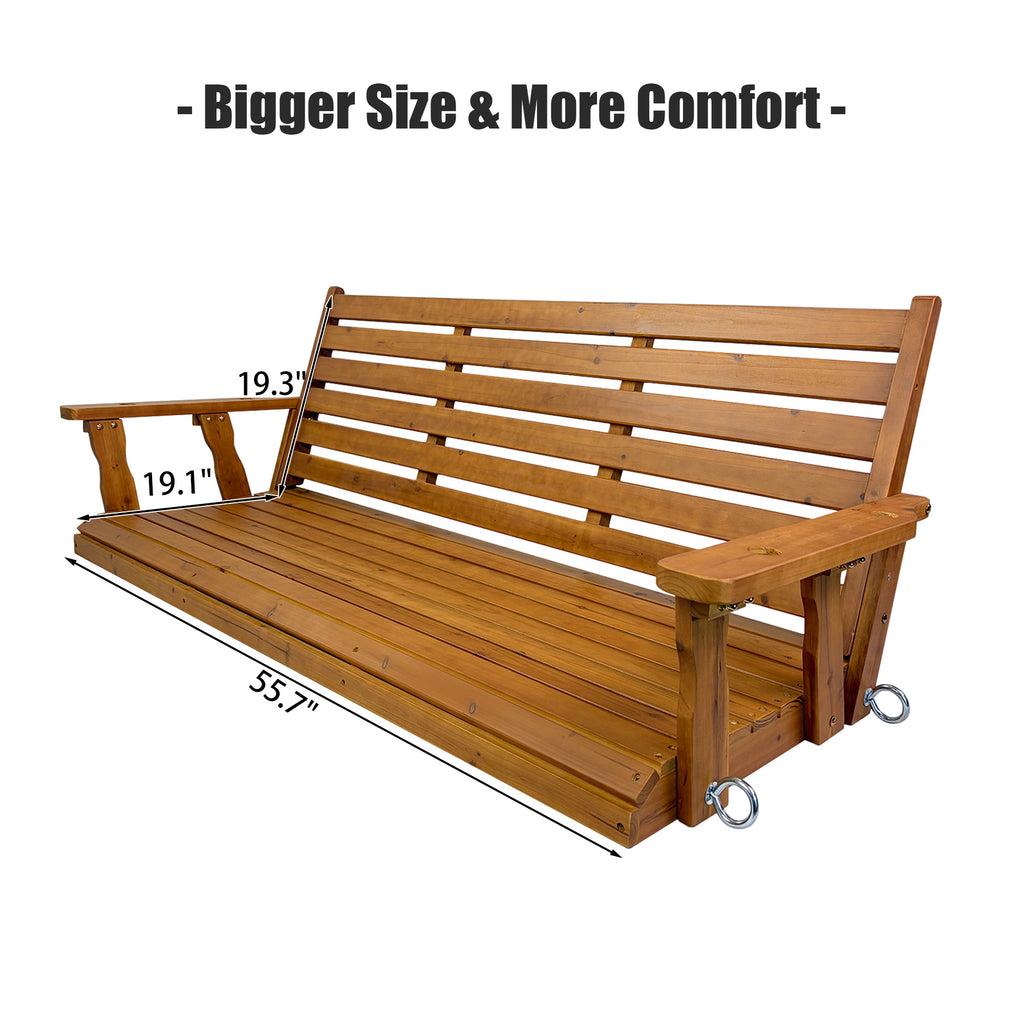 Wooden Porch Swing, Ergonomic Seat, Bench Swing with Hanging Chains and 7mm Springs, Heavy Duty 800 LBS, for Outdoor Patio Garden Yard (Warm Teak Color, 3-Seater Extra Large)