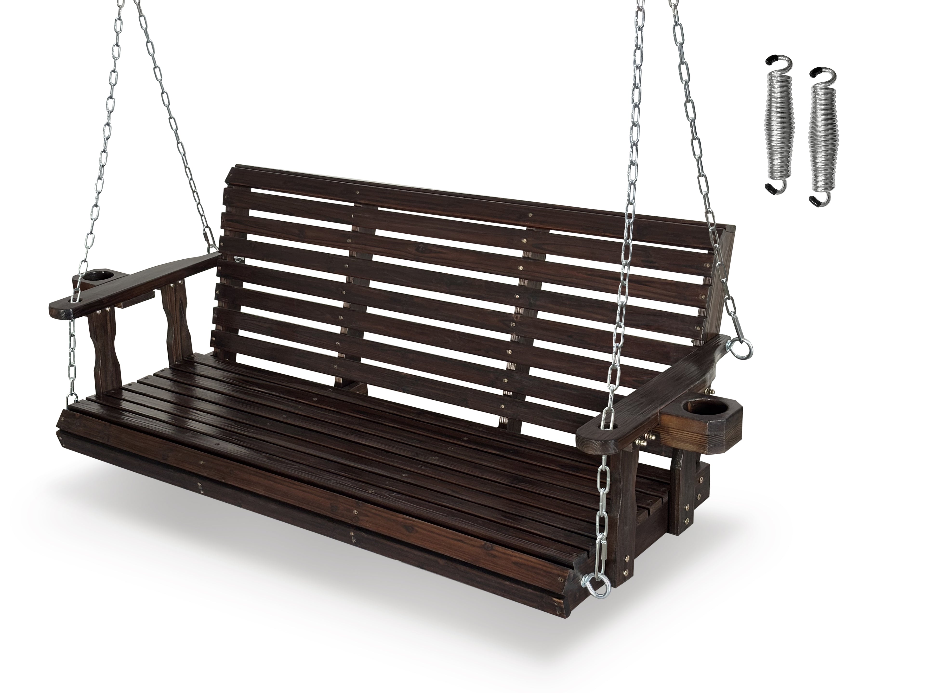Fortune Candy Wooden Porch Swing 3-Seater, High Backrest and Deep Seat, Bench Swing with Cupholders, Hanging Chains and 7mm Springs, Heavy Duty 880 LBS (Deep Brown, 5 FT Extra Large)