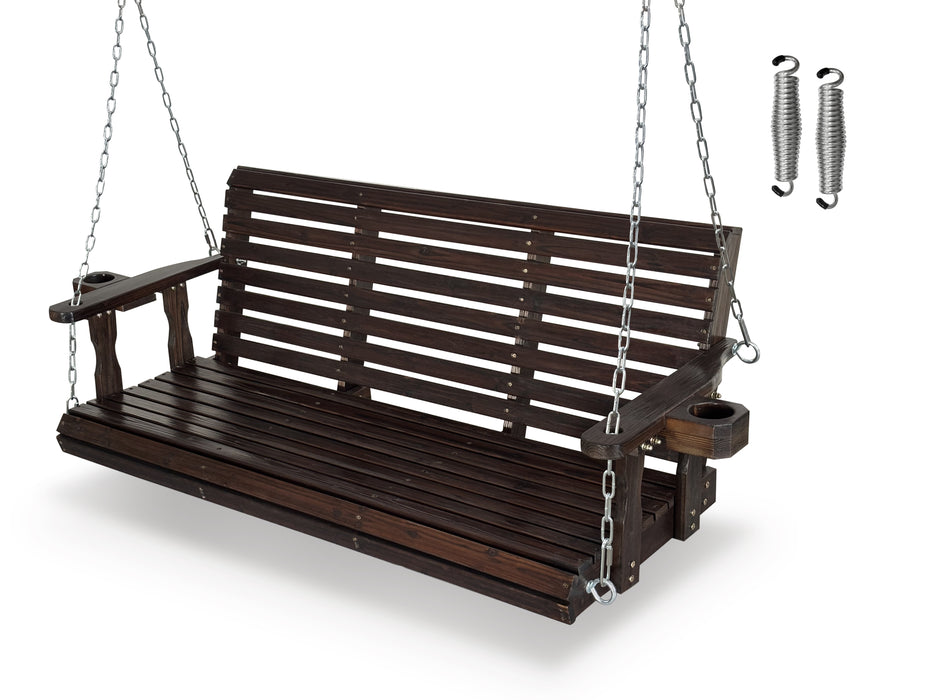 Fortune Candy Wooden Porch Swing 3-Seater, High Backrest and Deep Seat, Bench Swing with Cupholders, Hanging Chains and 7mm Springs, Heavy Duty 880 LBS (Deep Brown, 5 FT Extra Large)