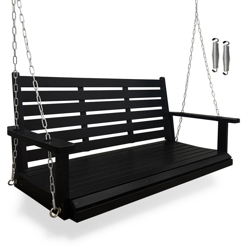 Wooden Porch Swing, Ergonomic Seat, Bench Swing with Hanging Chains and 7mm Springs, Heavy Duty 800 LBS, for Outdoor Patio Garden Yard (Black, 2-Seater Extra Large)