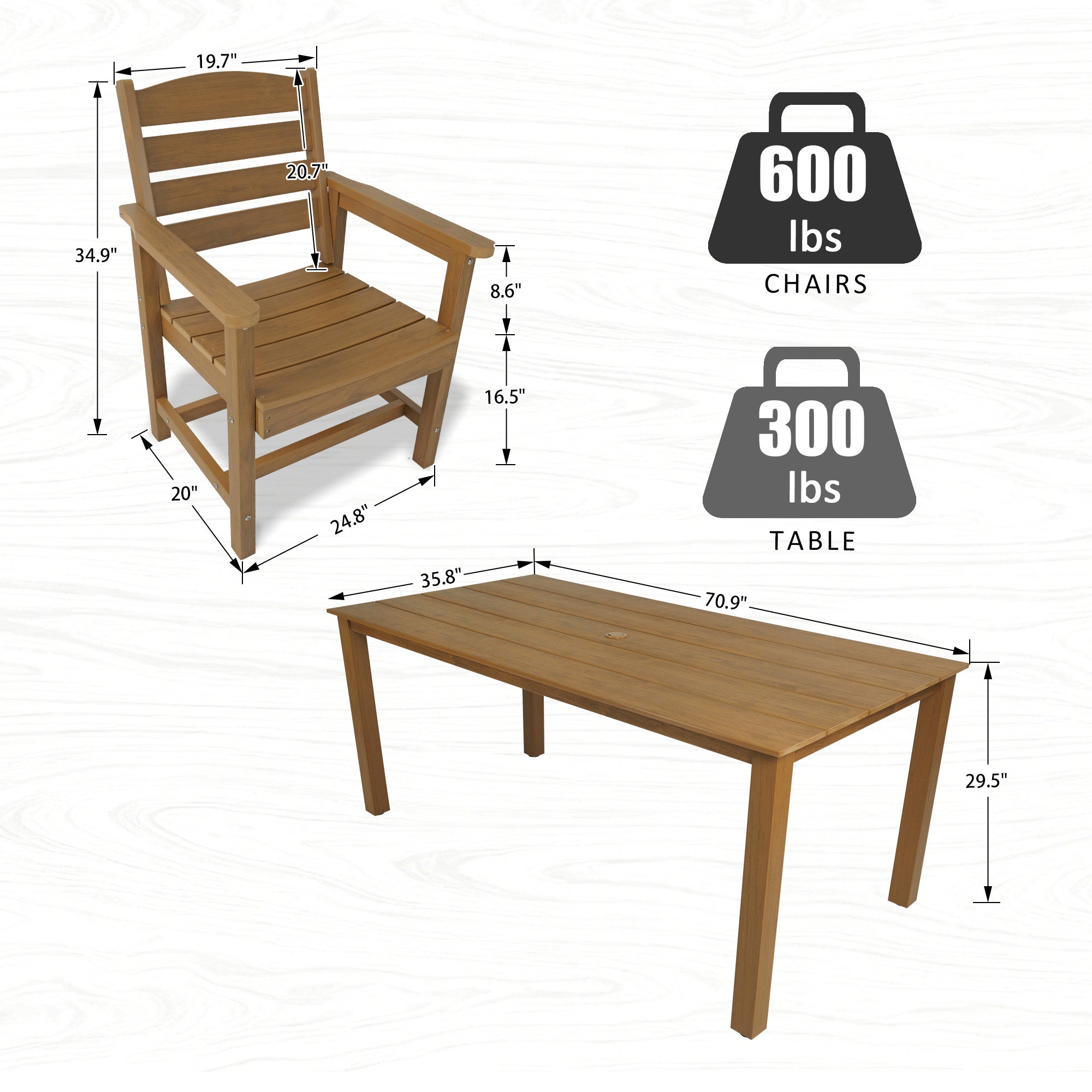Poly Lumber Patio Dining Set, HIPS Outdoor Dining Table and Chairs, with Umbrella Hole, Weather Resistant (5 Piece, Teak Tone)