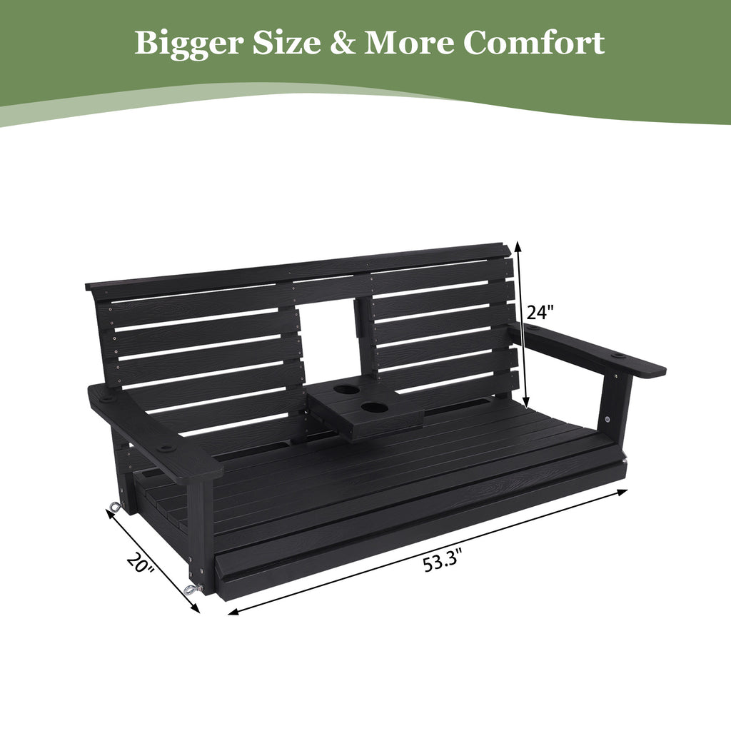 Poly Lumber 3-Seat Porch Swing, HIPS 5-Feet Bench Swing with Foldable Cup Holders,18/8 Stainless Steel Hardware, High Backrest and Deep Contoured Seat, Carbon Black
