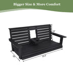 Poly Lumber 3-Seat Porch Swing, HIPS 5-Feet Bench Swing with Foldable Cup Holders,18/8 Stainless Steel Hardware, High Backrest and Deep Contoured Seat, Carbon Black