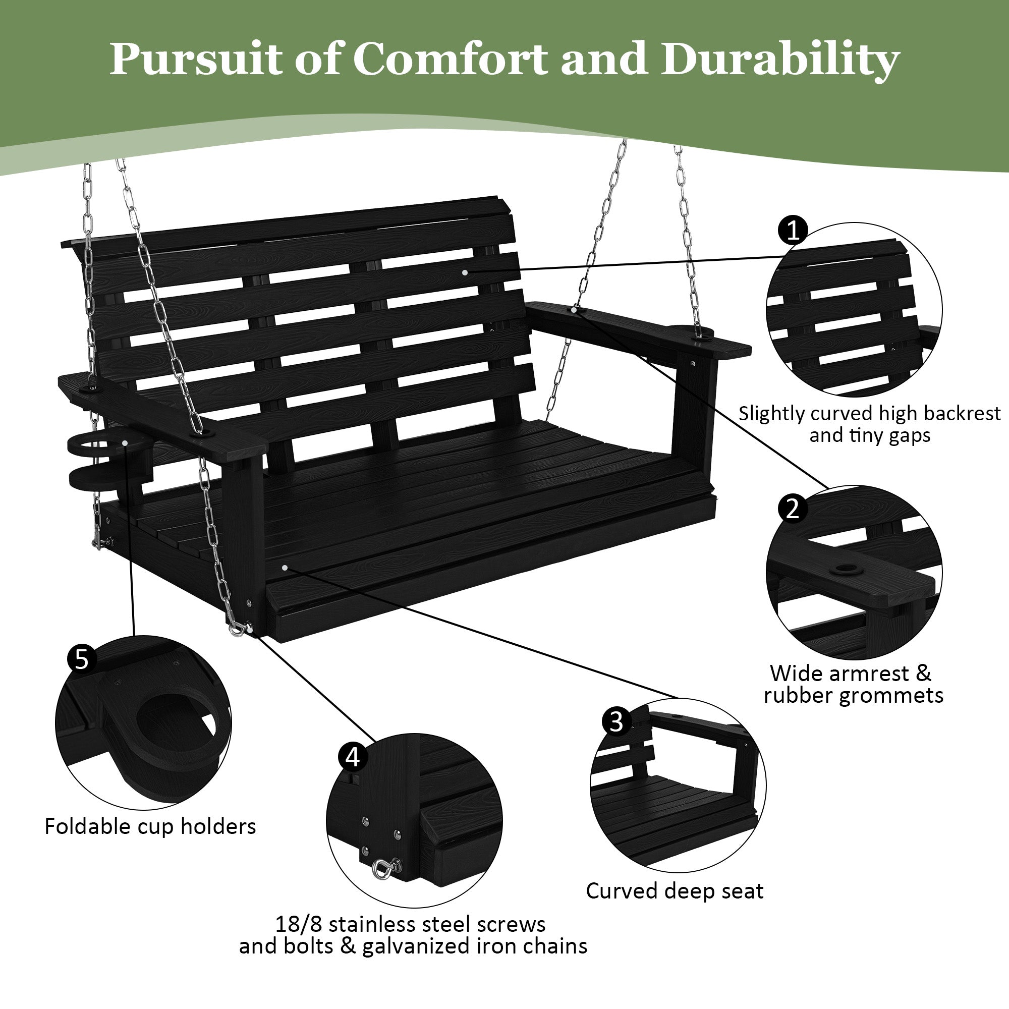 Poly Lumber 2-Seat Porch Swing, HIPS 4-Feet Bench Swing with Foldable Cup Holders,18/8 Stainless Steel Hardware, High Backrest and Deep Contoured Seat (Carbon Black, 4-feet)