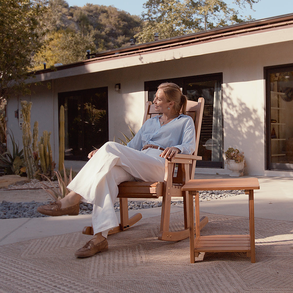 Wooden Rocking Chair with Comfortable Backrest Inclination, High Backrest and Deep Contoured Seat
(Brown with table)