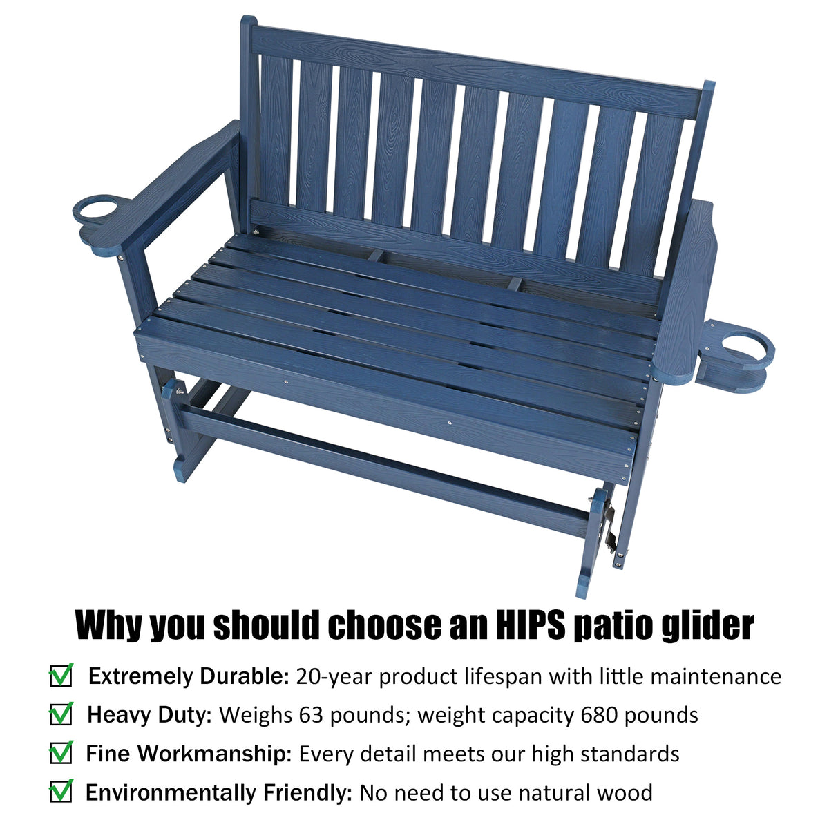 Poly Lumber Patio Glider, HIPS Material Weather-Resistant Swing Bench for Outdoor Porch Garden (Navy Blue, 2-Seater)