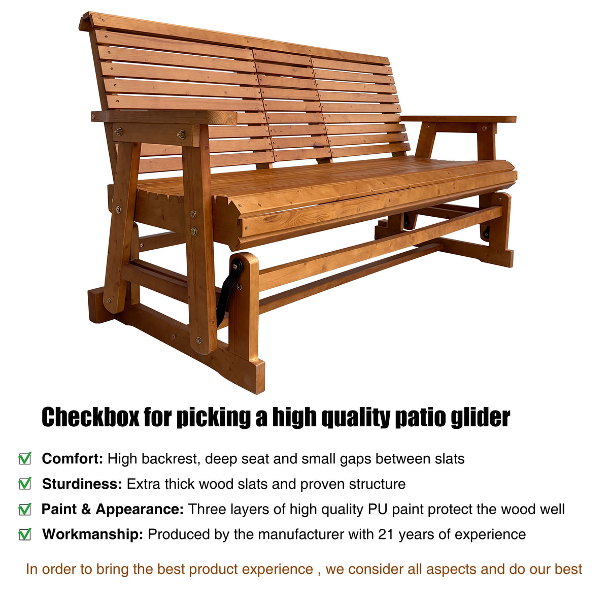 Patio Glider with Foldable Cup Holders, High Roll Back and Deep Contoured Seat, Heavy Duty 880 Lb (Brown, 2-Seater)
