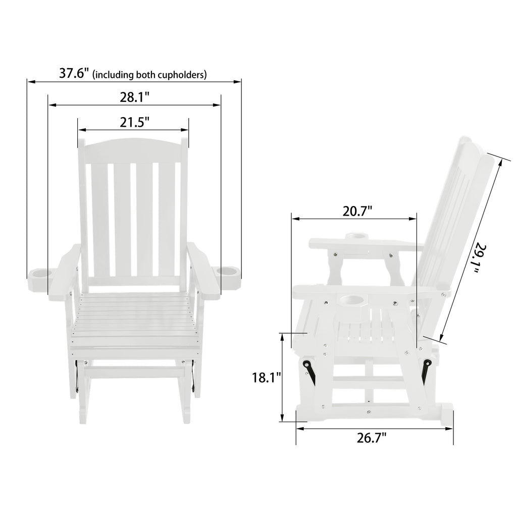 Wooden Patio Glider for One Person, with High Back and Deep Contoured Seat, Solid Fir Wood, Heavy Duty 600 LBS (Slat Back, White)
