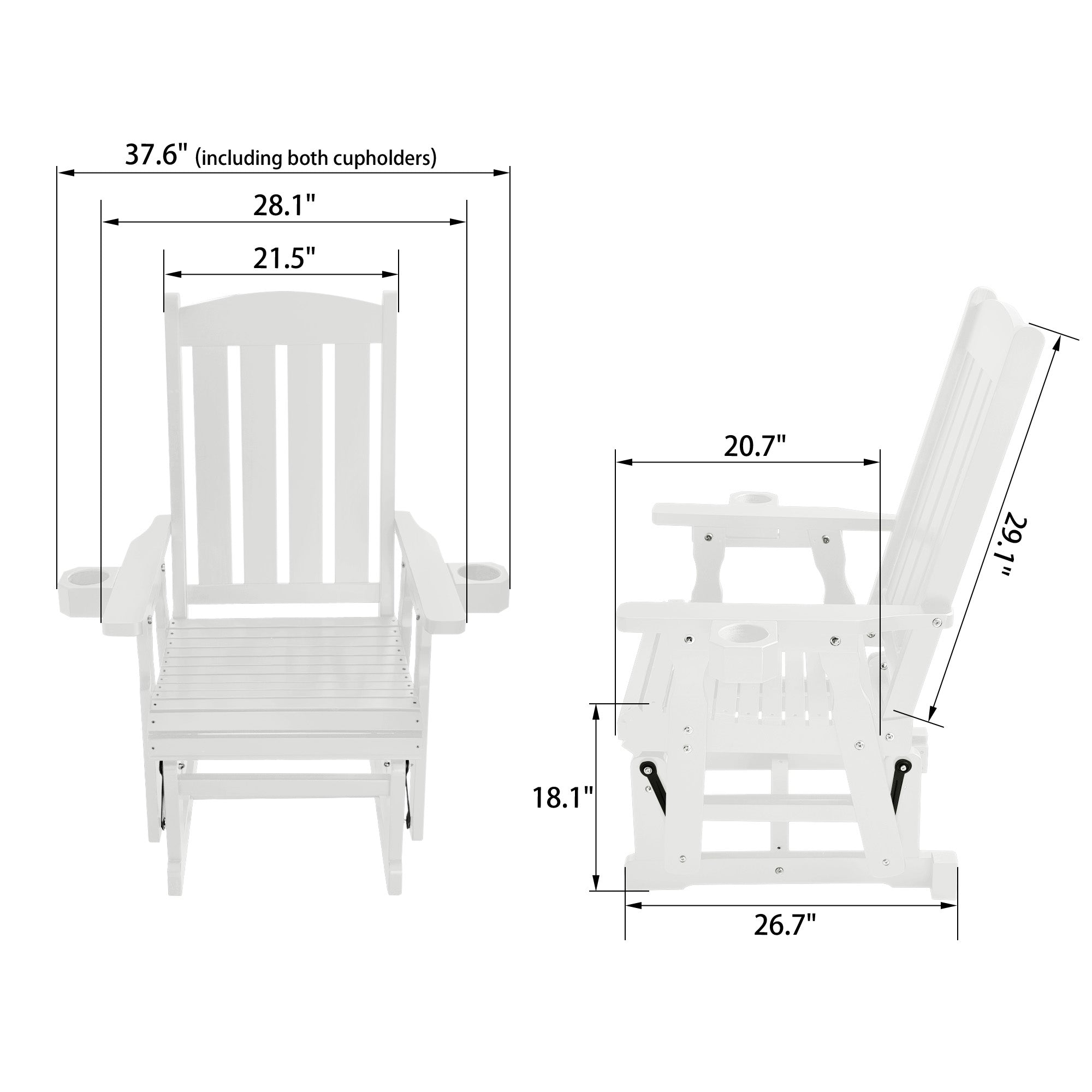 Wooden Patio Glider for One Person, with High Back and Deep Contoured Seat, Solid Fir Wood, Heavy Duty 600 LBS (Slat Back, White)