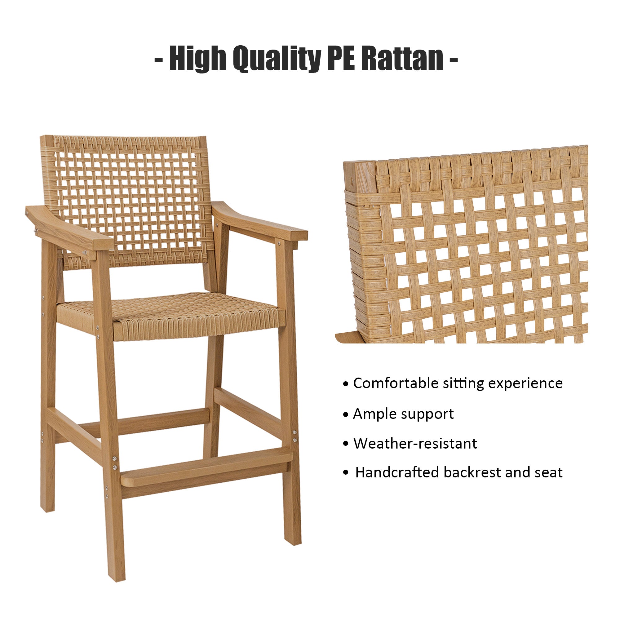 Poly Lumber Patio Bar Stools, PE Rattan Outdoor Bar Chairs, Weather Resistant, for Poolside, Garden, Yard, Balcony (Teak Tone, 2 Piece)