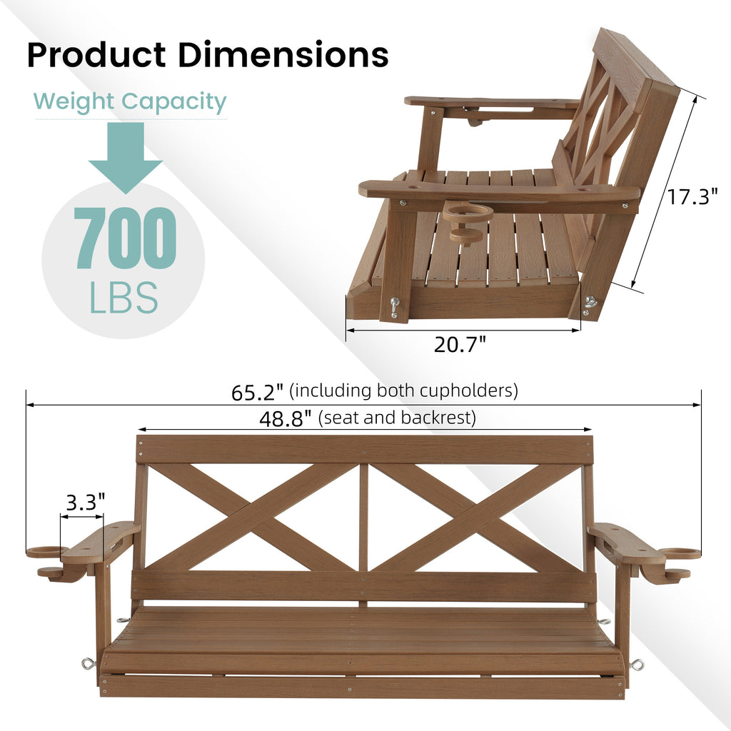 Fortune Candy HDPE Porch Swing with Cross Back, Weather-Resistant, for Outdoor, Patio, Porch, Yard