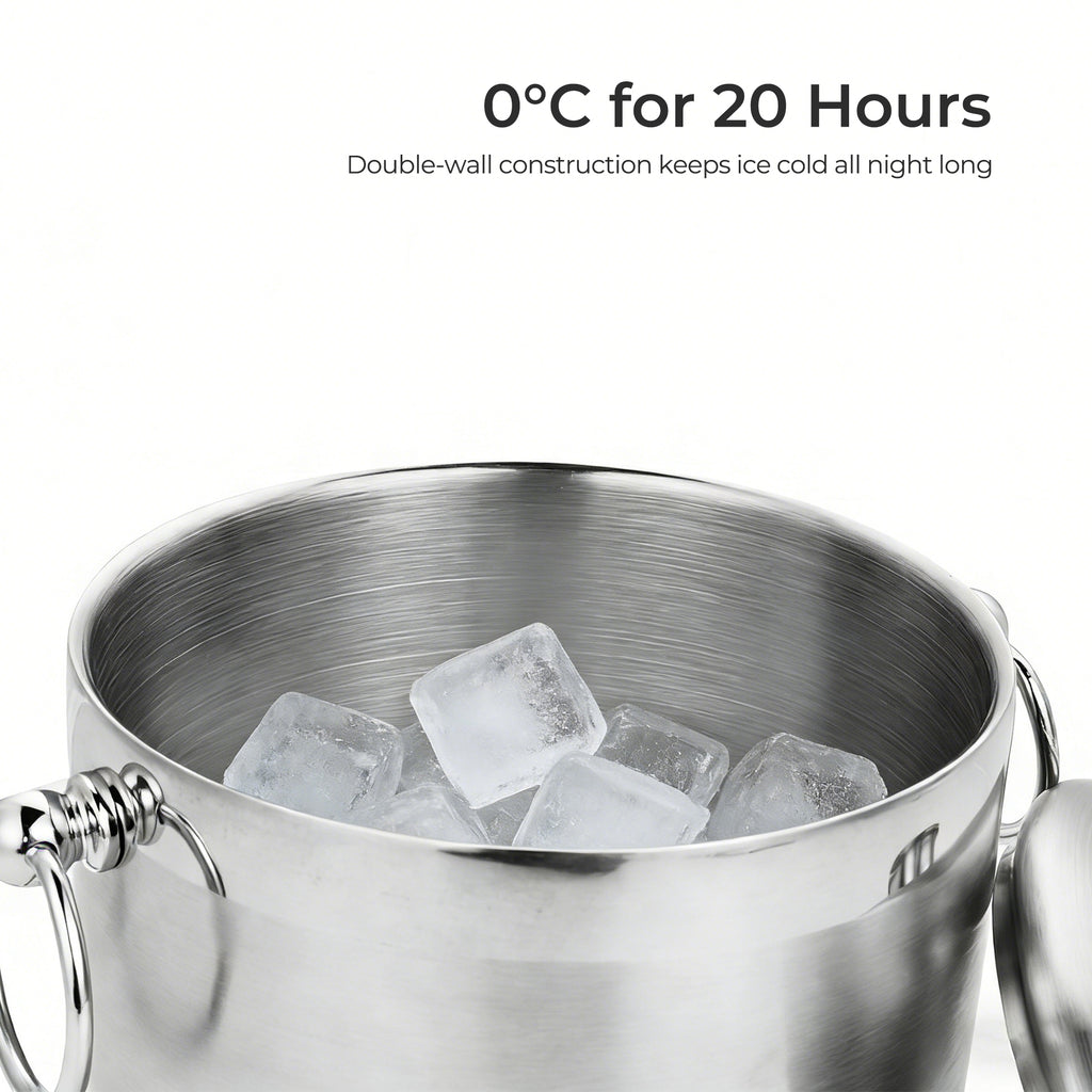 Fortune Candy Insulated Ice Bucket - Double Walled Stainless Steel Ice Bucket with Ice Tongs, Scoop, Lid, and Exclusive Handmade Nylon Holder - 2.8 L, Silver/Navy Blue