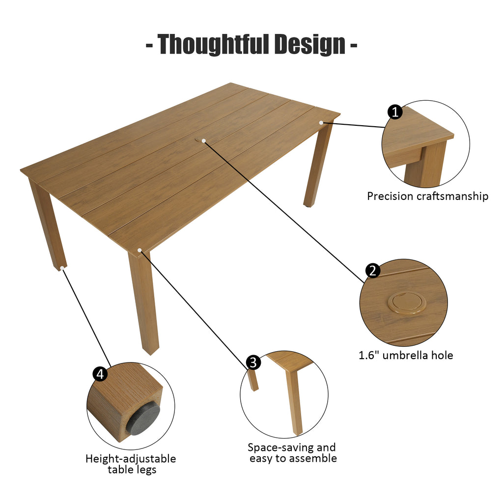 Modern HDPE Patio Dining Set, Poly Lumber Table and Chair, with Umbrella Hole, Weather Resistant, for Outdoor, Yard, Lawn (Teak Tone, 5 Piece - 36.2'' Table)