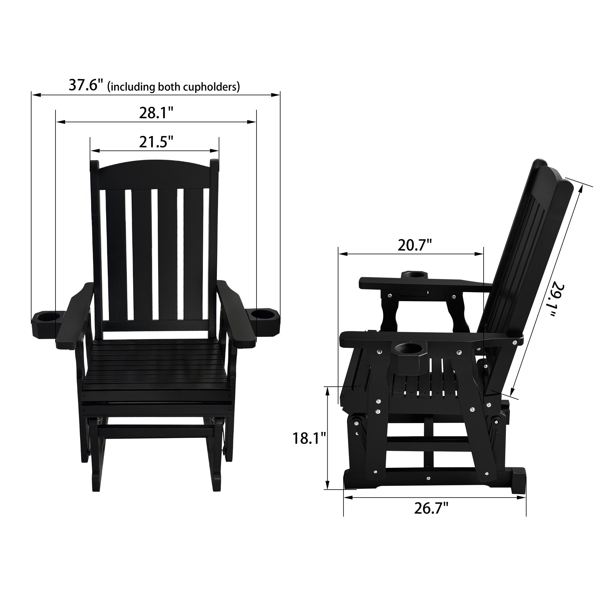 Fortune Candy Wooden Patio Glider for One Person, with High Back and Deep Contoured Seat, Solid Fir Wood, Heavy Duty 600 LBS, Black, 1-Seater