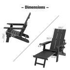 Poly Lumber Adirondack Chair with Cup Holders, Ottoman and Cushion, Adjustable Backrest, All-Weather Resistant HIPS Material, Wood-Like Pattern, Heavy Duty 700 LBS (Iron Black)
