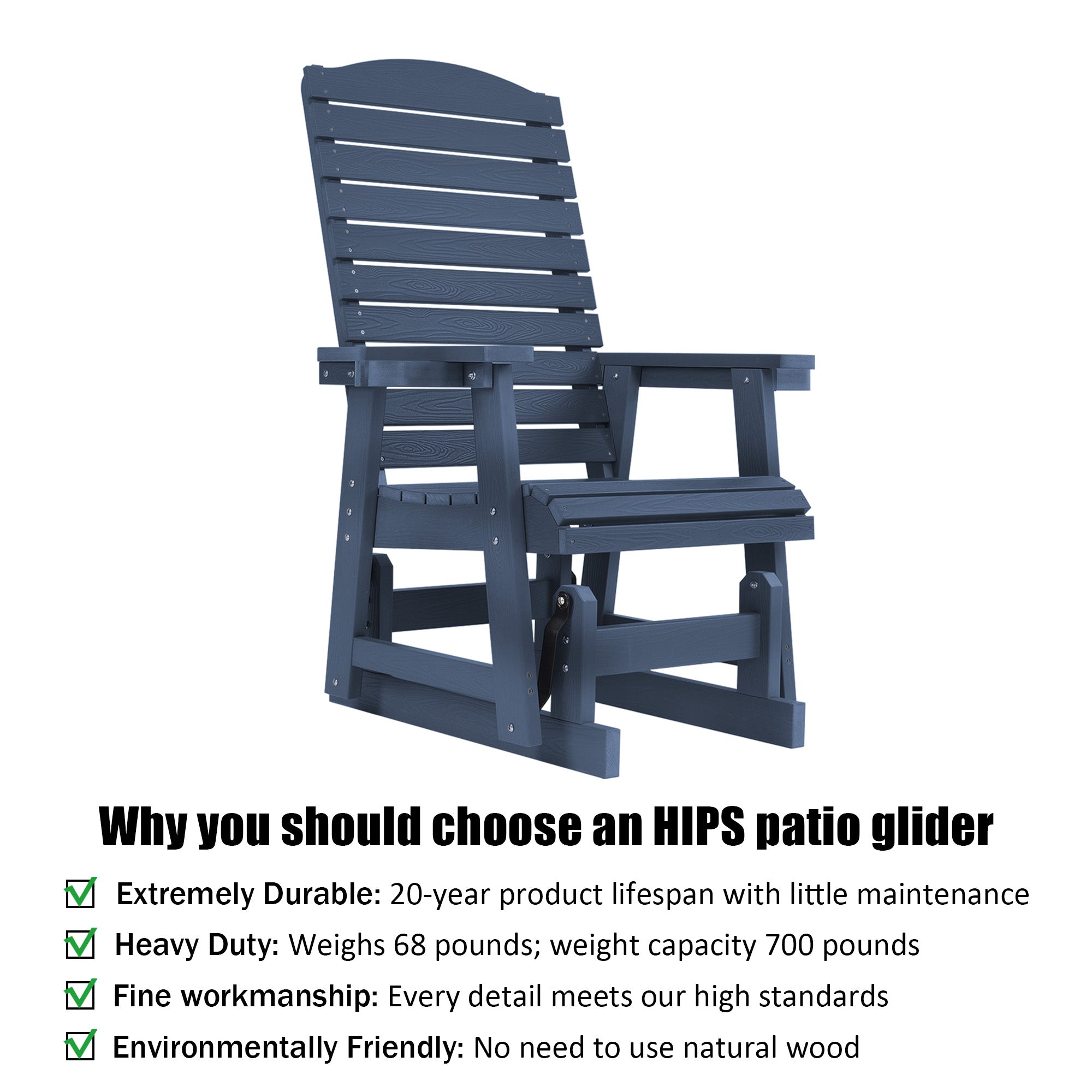 Poly Lumber Patio Glider for One Person, with Cup Holders, High Backrest and Deep Contoured Seat, HIPS Material, All-Weather Resistant, Heavy Duty 700 Pounds (Navy Blue)