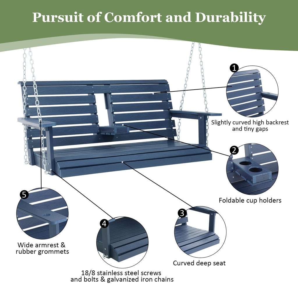 Poly Lumber 3-Seat Porch Swing, HIPS 5-Feet Bench Swing with Foldable Cup Holders,18/8 Stainless Steel Hardware, High Backrest and Deep Contoured Seat (Navy Blue 4.5-feet)